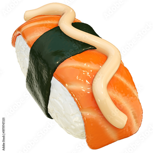 Sushi nigiri salmon seaweed rice mayonnaise asian food 3d icon on transparency background glossy sushi piece with creamy sauce isolated closeup for menu app sticker design