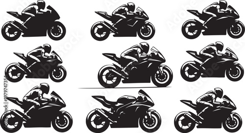 Motorcycle Riders in Various Poses Silhouette Illustration Set