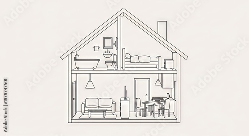 Cross sectional illustration of a house interior with furnishings and layout