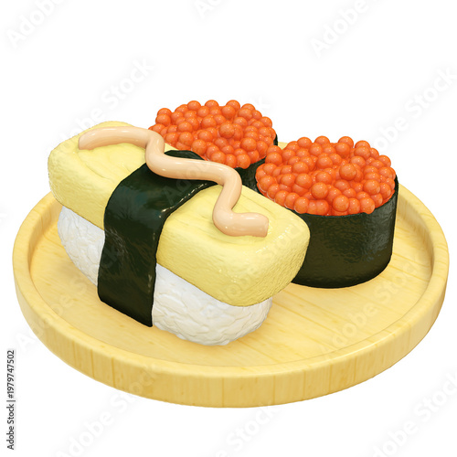 Asian food sushi nigiri salmon roe 3d icon on wooden plate with omelet egg topping seaweed wrap and creamy sauce glossy realistic render for menu app sticker isolated on transparency background