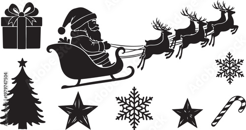 Santa Claus in Sleigh with Reindeer and Christmas Symbols