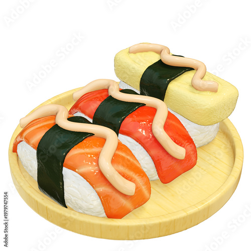 Asian food sushi nigiri salmon shrimp omelet sauce wooden plate 3d icon on bamboo dish with glossy topping and seaweed wrap isolated on transparency background appetizing
