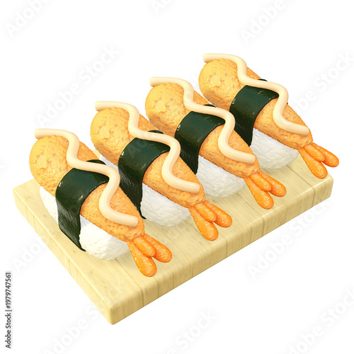 Sushi nigiri shrimp rice nori sauce asian food 3d icon for digital menu and app interface showing four pieces with creamy drizzle isolated on transparency background