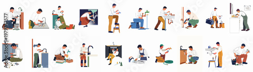 A collection of professional plumbers performing various repair and maintenance tasks like fixing sinks, pipes, and faucets in kitchen and bathroom settings.