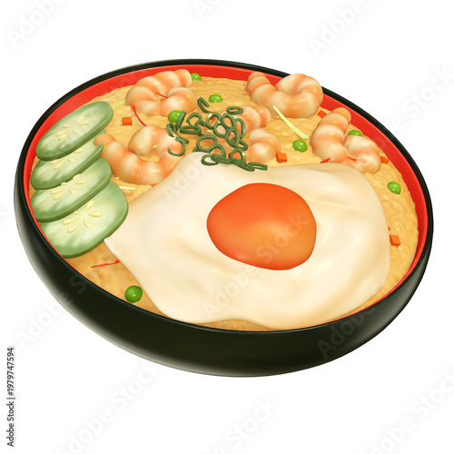 Asian food 3d icon rice shrimp egg bowl showing fried rice with prawn cucumber pea scallion and sunny side egg in black dish on transparency background isolated render
