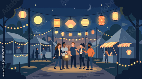 Colorful vector of a lively night festival with string lights, music stage, dancing crowd, and food stalls creating a vibrant outdoor celebration scene
