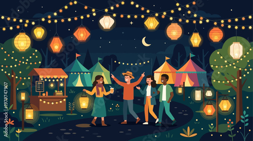 Colorful vector of a lively night festival with string lights, music stage, dancing crowd, and food stalls creating a vibrant outdoor celebration scene