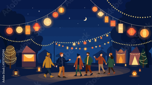 Colorful vector of a lively night festival with string lights, music stage, dancing crowd, and food stalls creating a vibrant outdoor celebration scene