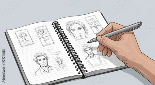 A hand drawing faces in a sketchbook.