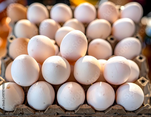 Carton of fresh eggs. Eggs stacked high in rows, various shades of white. Natural light