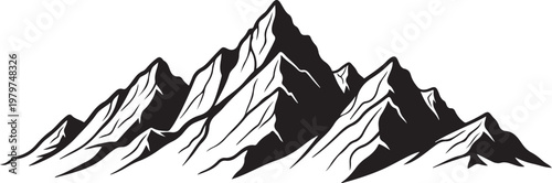 Black and White Mountain Range Illustration with Snowy Peaks