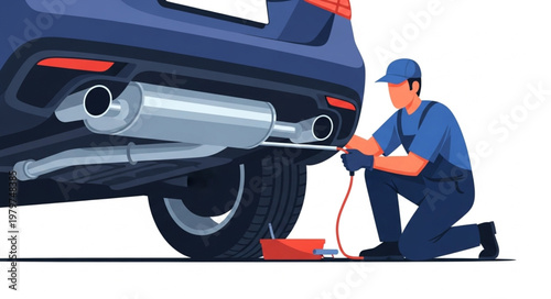 Mechanic Inspecting Car Exhaust System for Repairs.