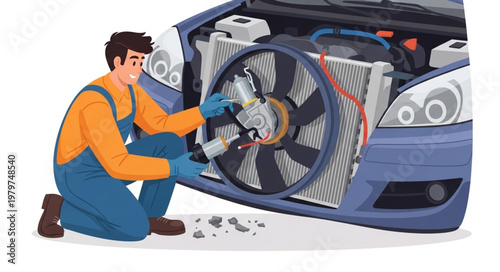 Mechanic Inspecting Car Radiator and Fan System.