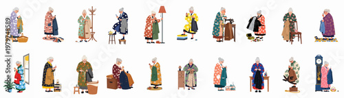 A large collection of illustrations featuring an elderly woman engaged in various sewing, knitting, and clothing repair activities at home.