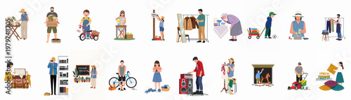 Diverse people participating in a neighborhood garage sale, selling and buying used items like clothes, books, electronics, and household goods.