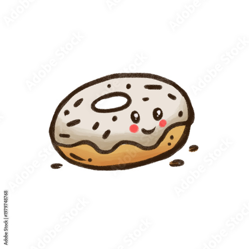 Adorable hand-drawn kawaii donut illustration featuring a smiling face with rosy cheeks and sprinkled icing. Cute food character with a soft textured style and warm pastel tones. Isolated background.