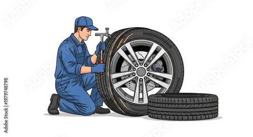 Mechanic Inspecting Car Tire for Maintenance and Repair.