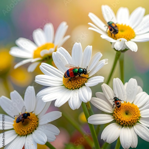 Daisies in bloom. Bugs sit atop bright yellow centers. Sunny bokeh background. Warm tones