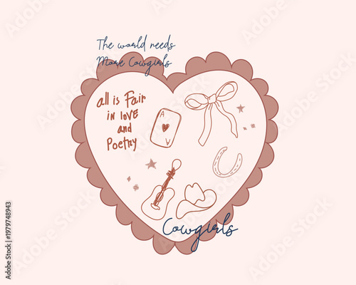 Cowgirl Tee shirt Design artwork. Girl's graphic t shirt design. Cowgirl with Bow, Getter, Heat, together make hand drawn vector print. 