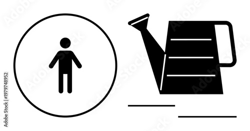 Gardening, sustainability, human growth, environmental care, simplicity, eco-friendly concepts. A circular human icon alongside a watering can silhouette. Gardening and sustainability concepts