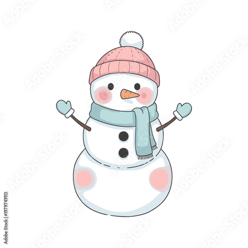 Snowman Wearing Pink Hat Scarf.