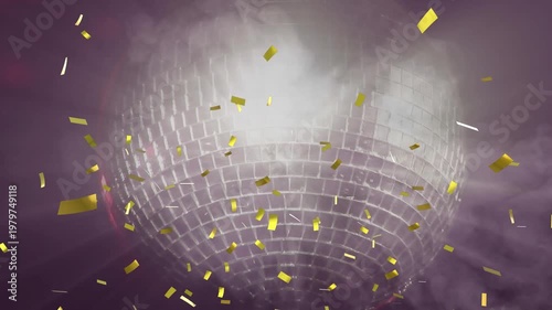 Animation of confetti popping against purple shiny disco ball spinning with smoke
