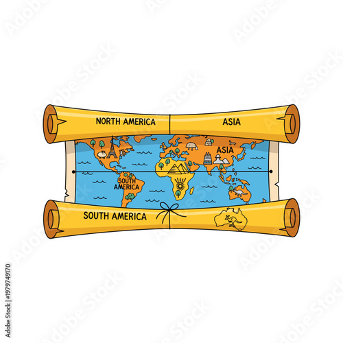 Vintage World Map on Parchment Scroll.