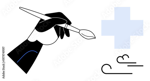 Art therapy, mental health, holistic healing, creative expression, healthcare, personal growth. Hand holding a paintbrush with blue cross and wind lines. Art therapy and mental health concept