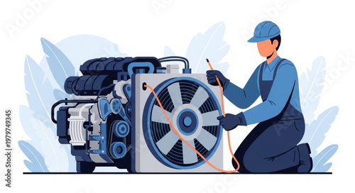 Mechanic Inspecting Engine Cooling Fan System.