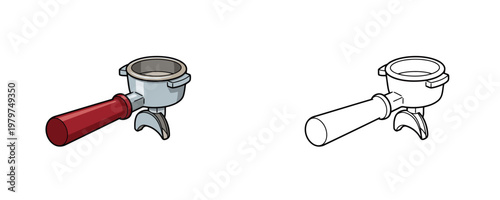 Professional espresso portafilter with red handle in cartoon and line art style with silver and burgundy colors represents barista equipment for coffee brewing on white background