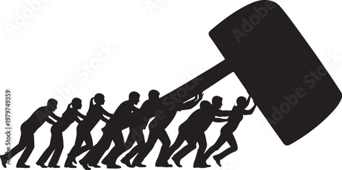 Teamwork and collaboration concept with people pushing large hammer