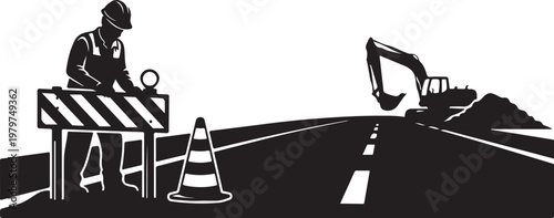 Road construction worker directing traffic with excavator nearby scene