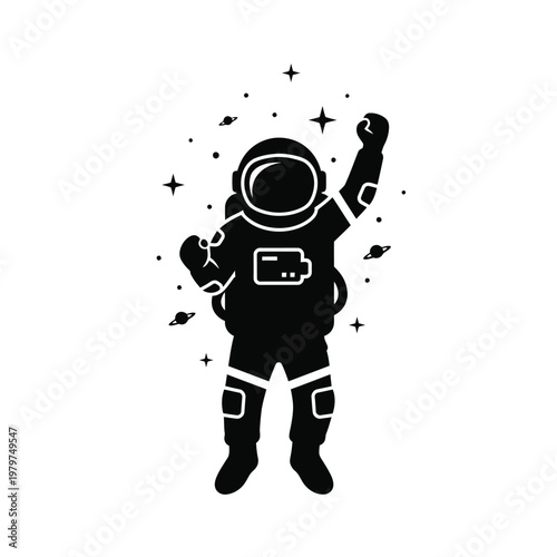 Astronaut Silhouette Floating in Space with Stars and Planets.