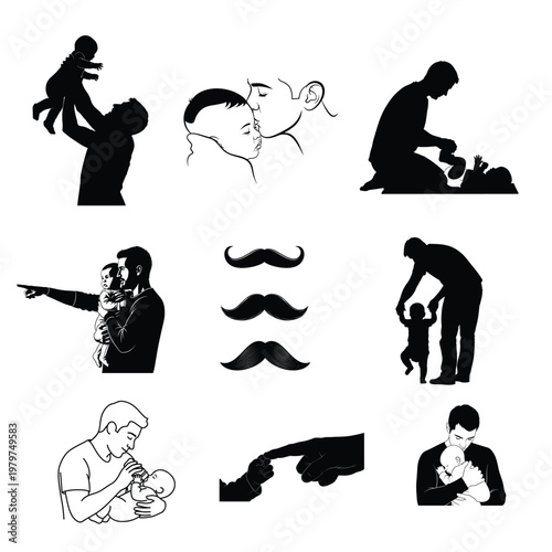 Black silhouette collection fatherhood animals and vintage elements