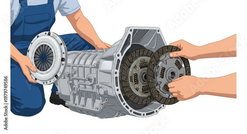 Mechanic installing clutch assembly into car transmission gearbox.