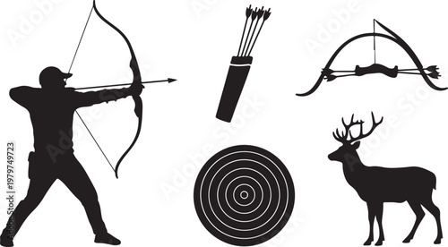 Archery silhouette set with bow, arrows, and target practice