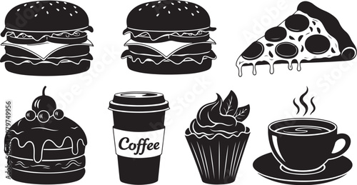 Food and drink icons in black and white style