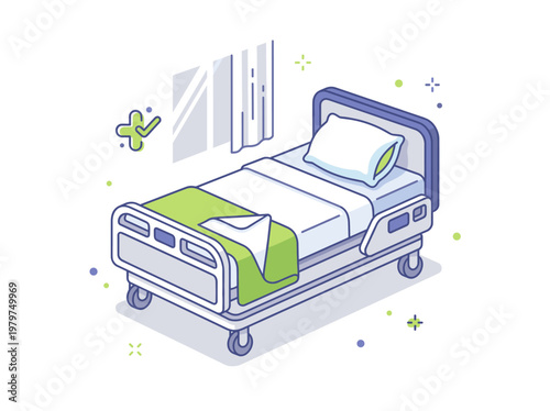 Hospital bed isometric illustration in clean hospital room healthcare vector