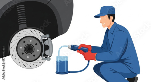 Mechanic performing brake fluid change on car wheel.