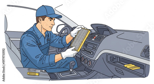 Mechanic performing car air filter replacement inside vehicle interior.