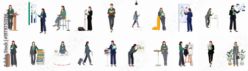 Professional Businesswoman Illustration Set Featuring Various Poses and Office Scenarios Like Presentations, Financial Analysis, and Leadership Activities