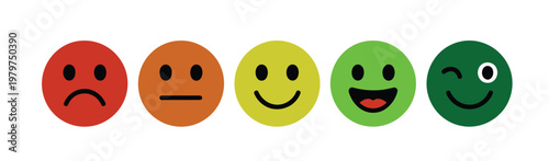 feedback emoji icons vector, good and bad emoticon signs, happy neutral and sad reactions, six color faces, smiley rating icon set, customer satisfaction and review concept, clean modern flat vector i