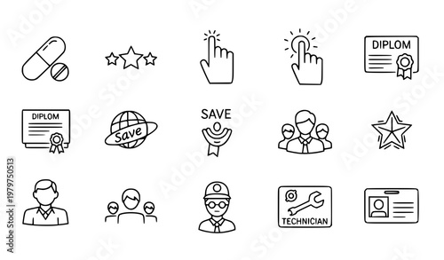 Multi purpose line icons set with capsule star rating gesture loyalty repair and identity vector
