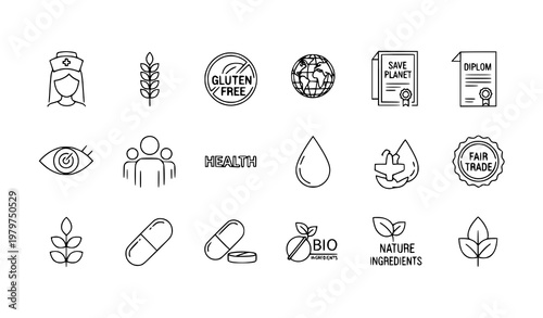 Wellness and eco line icons set with nurse gluten free leaf bio ingredients and health symbols vector