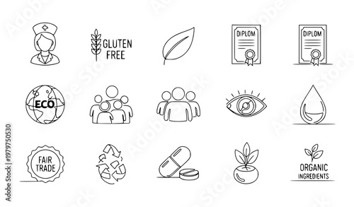 Continuous line wellness eco icons set with nurse gluten free leaf and organic health vector
