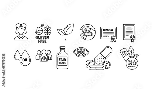 Health and organic outline icons set with nurse gluten free eco leaf and fair trade symbols vector