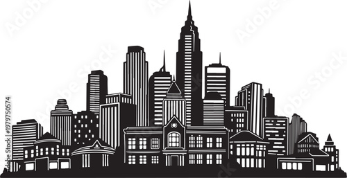 Black and white city skyline with tall buildings illustration