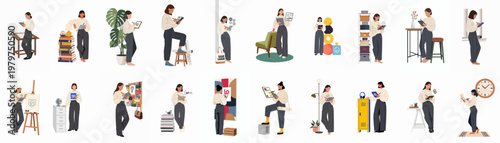 Vector illustration set featuring a female graphic designer in various poses working with a digital tablet and stylus in creative home and office settings.