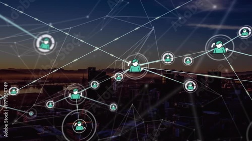 Animation of connected icons over aerial view of silhouette of city against cloudy sky and mountains