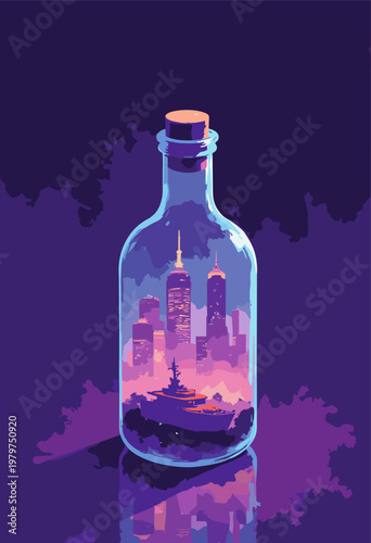 3D isometric Ship Bottle, but instead ship, it contains glowing, futuristic cyberpunk city skyline Clean glass reflections Solid dark purple background Blank space copy